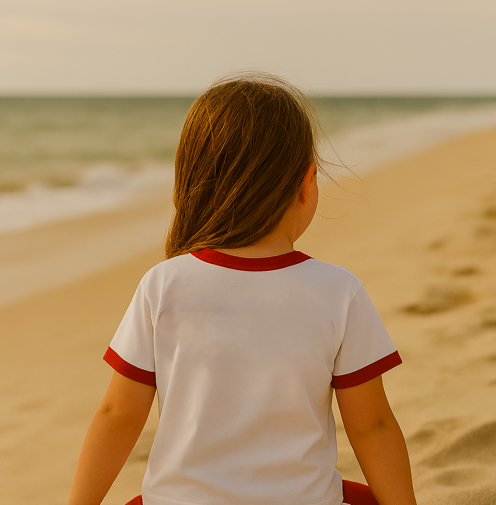 Person wearing a white shirt with red trim sitting on a beach.