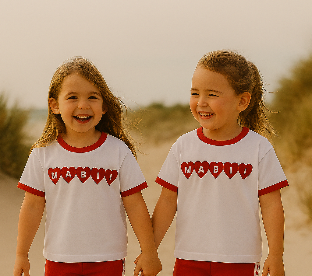 Two children on a beach wearing red and white heart shirts with 'Mali' printed on them.