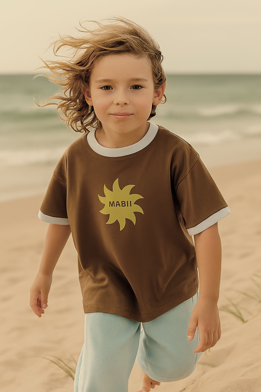 Child wearing a brown shirt with a golden sun design and 'MABII' text on a beach.
