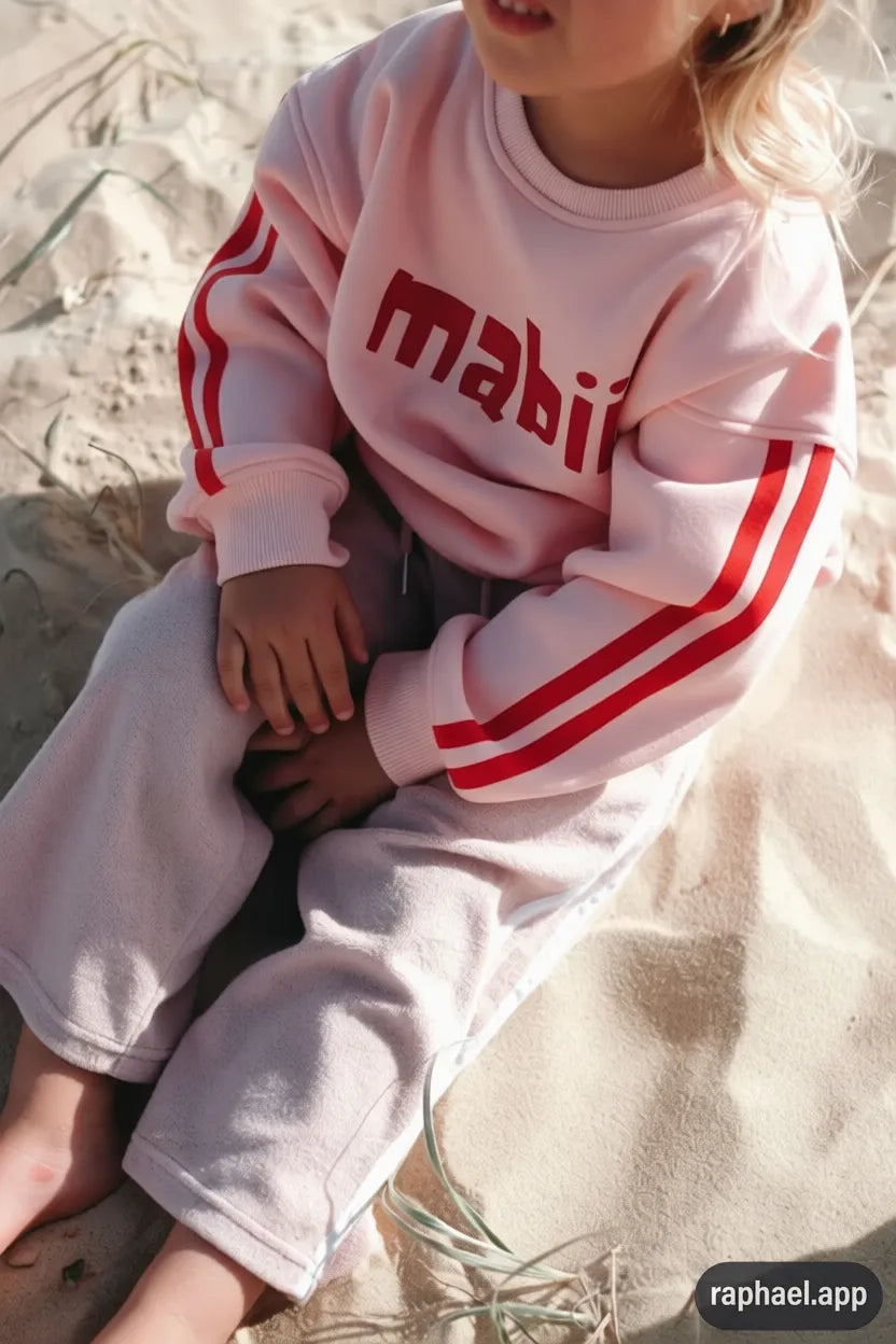 Child wearing a pink jumper with two red stripes and red 'mabii' logo printed on it, sitting on sand.